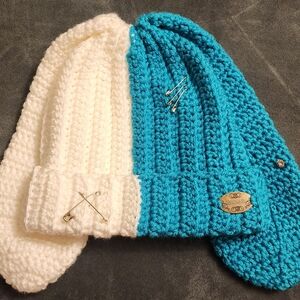 Hand Knitted Beanie - White and Blue
